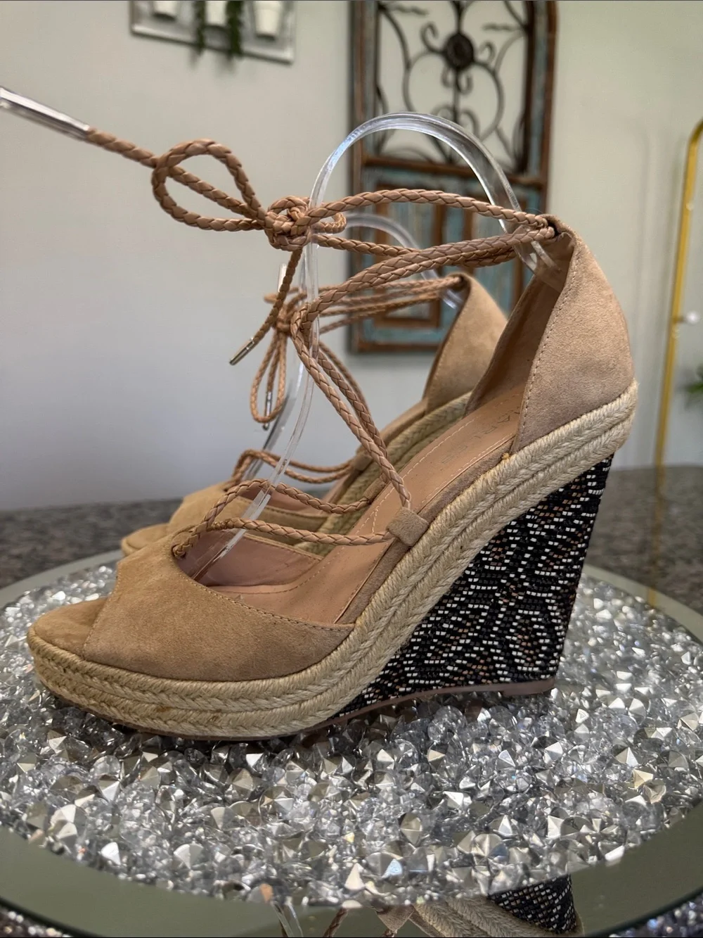 Charles By Charles David Neutral Tan Espadrille Wedge Sandals with beaded wedge
